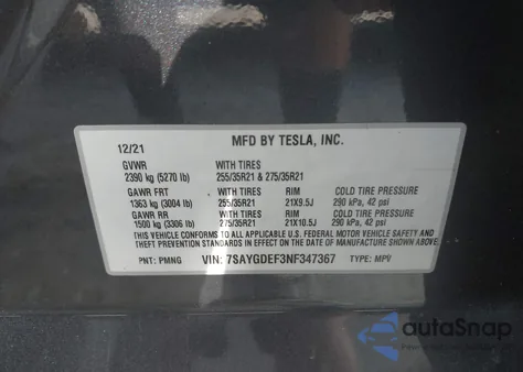 2022 Tesla Model Y Performance Dual Motor All-Wheel Drive из США, поврежденный, VIN 7SAYGDEF3NF347367